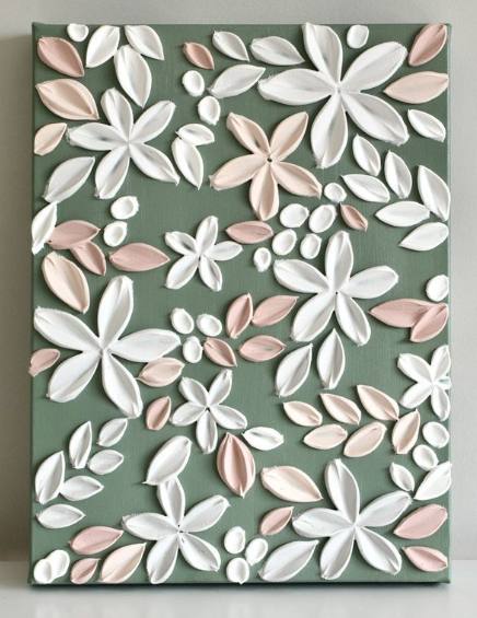 Toile textured art florale verte avec pétales en relief