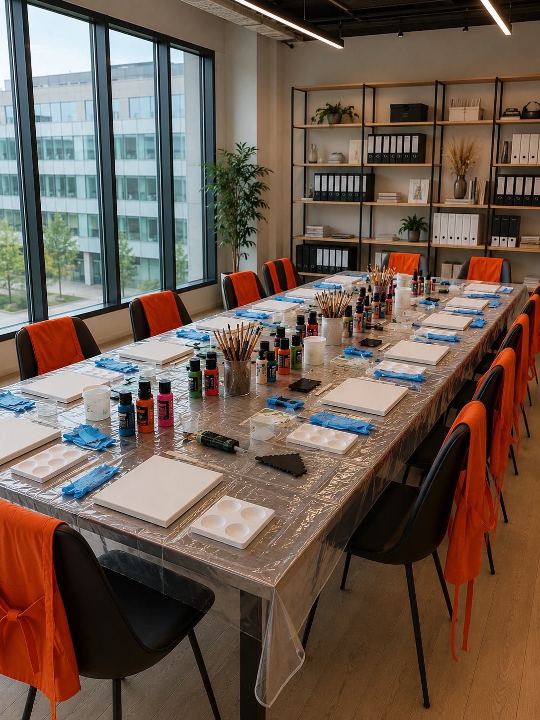 Table d'atelier prête pour un team building créatif
