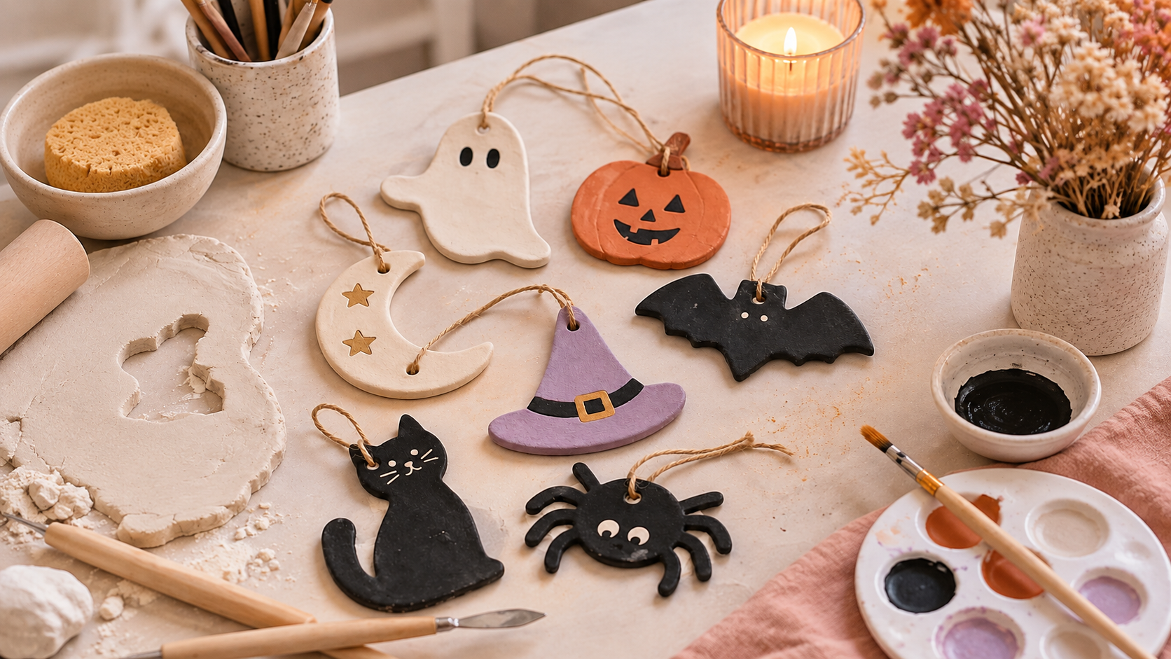 Décorations d'Halloween en argile réalisées pendant l'atelier créatif