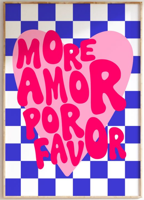 Toile graphique avec cœur rose et damier bleu More Amor Por Favor
